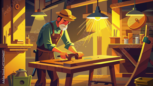 Carpenter working on wood in a brightly lit workshop