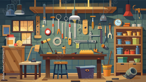 Illustration of a workshop with tools and equipment