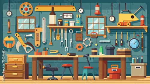 Illustration of a workshop interior with tools and desks