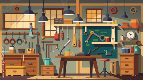 Illustration of a well organized and stocked workshop