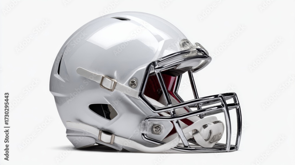 Fototapeta premium White american football helmet isolated on clean background for sports equipment design, safety gear concept, protective headwear closeup, professional game accessory for athletics and training visual