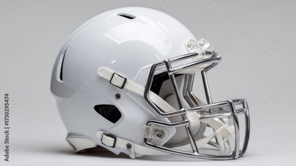 Fototapeta premium White american football helmet isolated on clean background for sports equipment design, safety gear concept, protective headwear closeup, professional game accessory for athletics and training visual