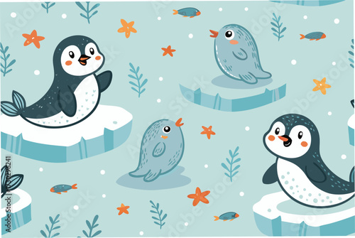 A cute arctic scene with penguins and seals on ice floes.