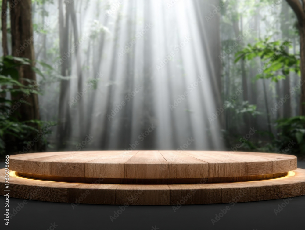 Fototapeta premium Wooden Platform in the Enchanted Forest: A rustic wooden platform stands in a mystical forest, bathed in ethereal light, perfect for displaying products or creating a captivating presentation.