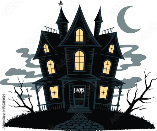 Creepy haunted house illustration with glowing windows, spooky Halloween mansion at night, dark gothic architecture, eerie scary building vector artwork