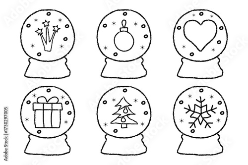 snow globe hand drown icon set. Merry Christmas Happy New Year design white background