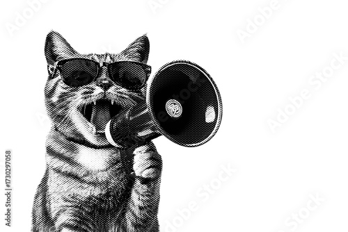 A funny business cat holding a loudspeaker or megaphone to shout an announcement to people.