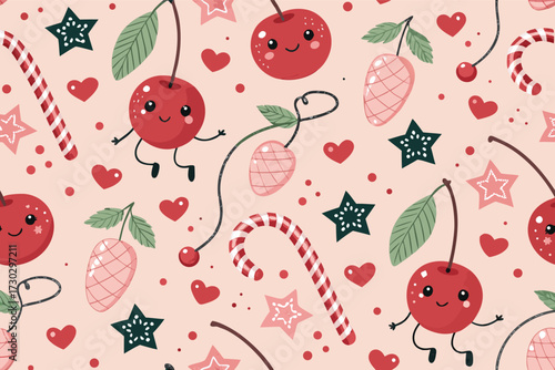 A whimsical pattern featuring cute cherries, candy canes, and hearts on a pink background.