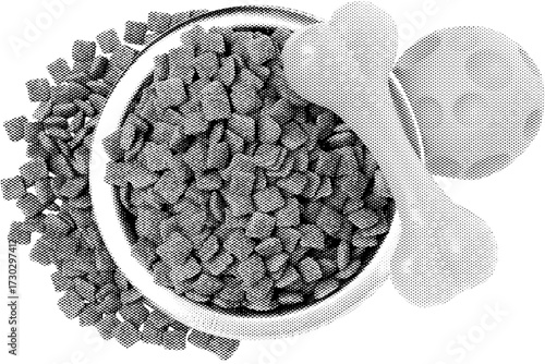 A bowl of dry black and white bean seeds is a healthy organic food ingredient for dog diet.