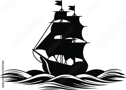 Silhouette of old sailing ship with large sails on ocean waves, vintage nautical illustration, black and white maritime artwork