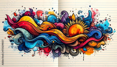 Colorful abstract design on lined paper