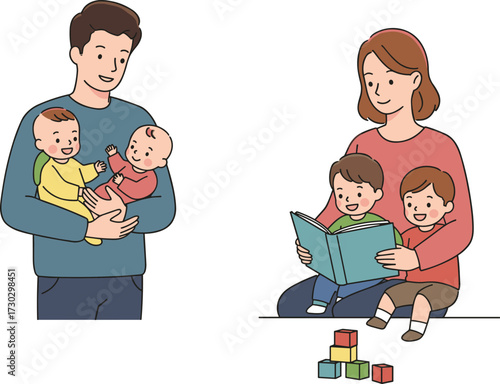 Father holding babies, mother reading book, family parenting scene, childcare, early education, bonding, nurturing, childhood development