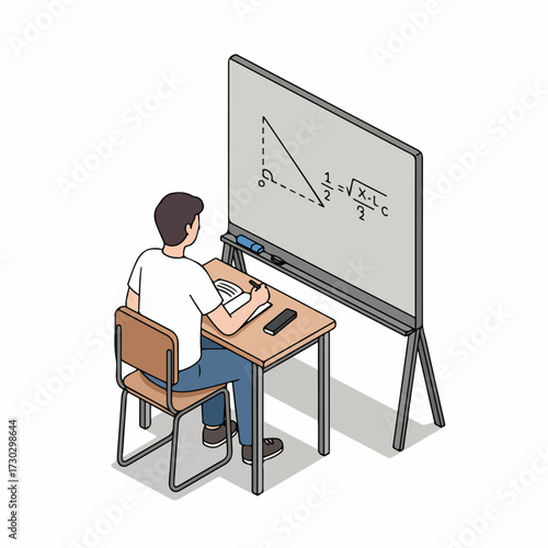 Isometric Detailed Student Studying Mathematics At Desk Near Whiteboard Illustration
