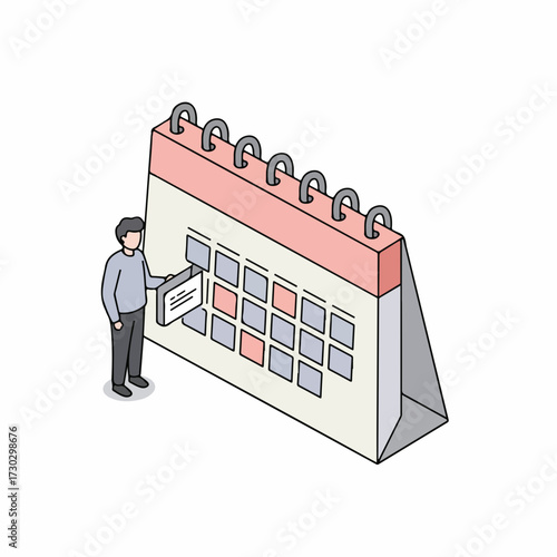Isometric Man Putting Appointment Day On Giant Calendar Illustration
