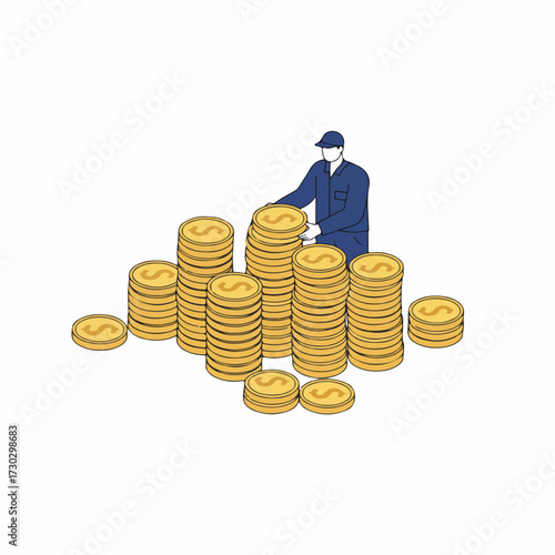 Isometric Flat Illustration Man Stacking Gold Coins Investment Finance Concept