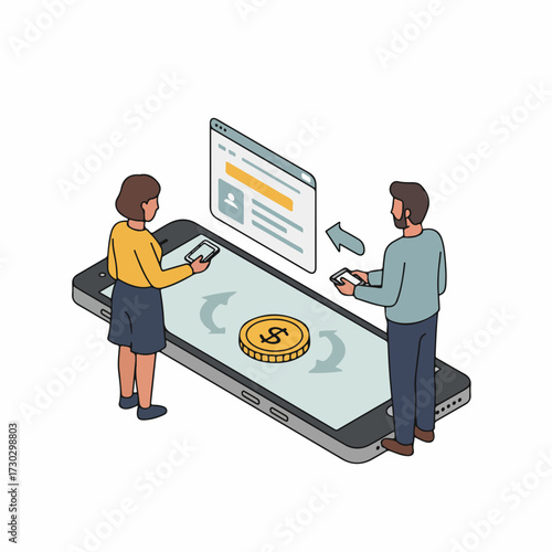 Isometric People Transferring Digital Coin via Mobile Phone Illustration