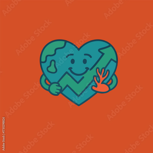 Cheerful Heart-Shaped Earth Cartoon Illustration Sticker.eps