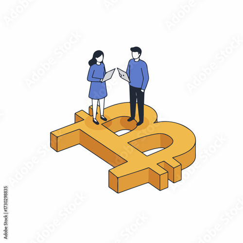 Isometric People Standing on Large Bitcoin Currency Symbol Illustration