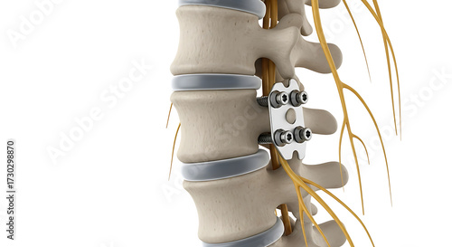 Spinal fusion surgery hardware on lumbar vertebrae