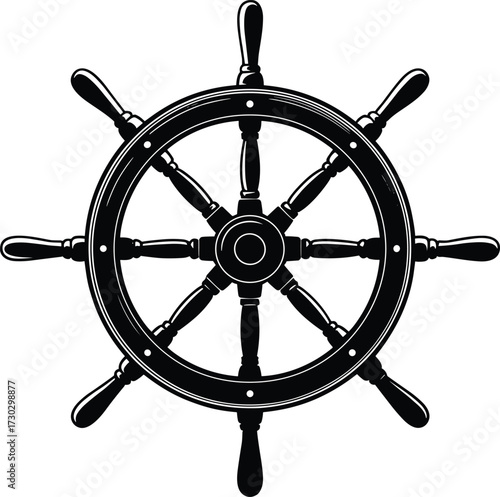 Ship steering wheel vector, nautical helm illustration, vintage marine navigation symbol, sailor control design, black silhouette icon, maritime adventure graphic