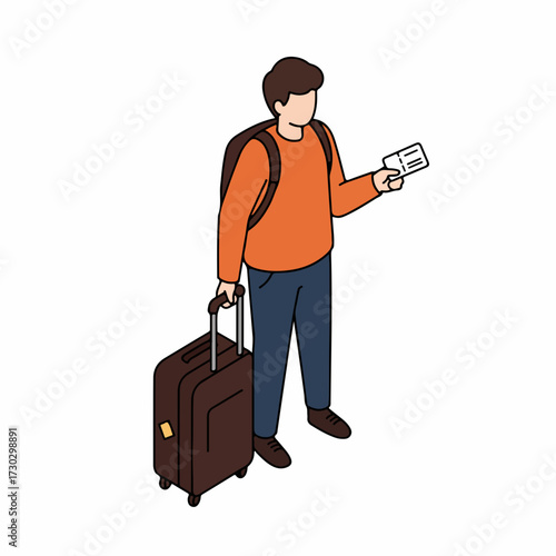 Isometric Flat Traveler with Suitcase and Ticket Ready for Vacation Illustration