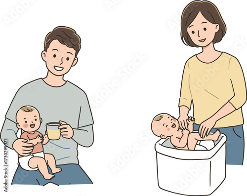 Father holding baby, mother bathing infant, parenting care, family love, childcare routine, newborn care, nurturing lifestyle