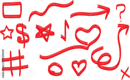 Red Hand Drawn Brush Stroke Shapes on White Background Collection