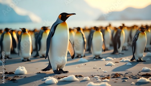 Majestic King Penguins stand proud on a sandy shore bathed in warm golden hour light, a breathtaking wildlife spectacle.