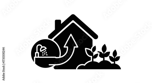 Sustainable living concept showing water reuse from shower to garden to nurture plant growth, symbolizing eco-friendly practices and resource conservation for a greener future
