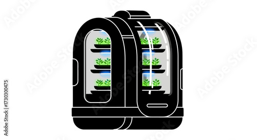 Modern indoor gardening system with plants growing under LED lights for sustainable urban farming, a stylish way to cultivate fresh produce at home