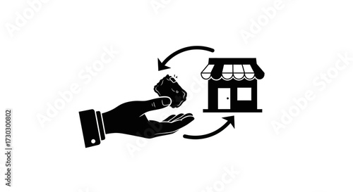 Business concept of exchanging resources, rock held in hand, shop with arrows representing a transaction, modern black and white graphic