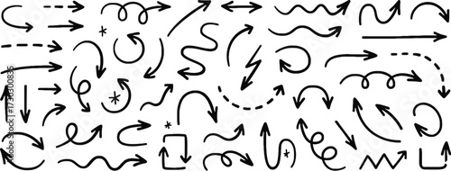 Hand drawn black doodle arrow set, various directions, curved, straight, dashed, zigzag, and circular vector shapes isolated on white