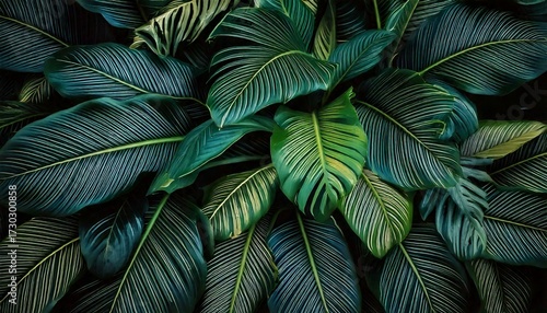 Close up of Lush Green Leaves Tropical Plant Foliage Texture