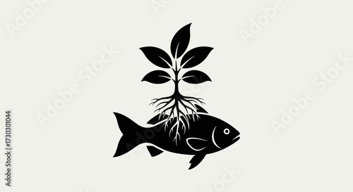 Inspiring synergy of nature and life, a stylized fish supports a vibrant growing plant with deep roots, symbolizing growth, connection, and ecological balance