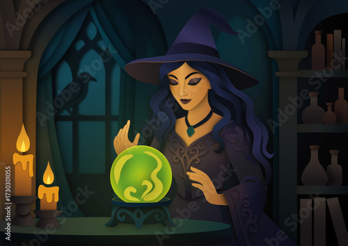 Paper-cut style illustration: a beautiful witch in a castle at night gazes into a glowing crystal ball, surrounded by lit candles and a mystical, gothic atmosphere. Layered details with dark tones