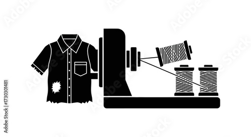 Professional tailor skillfully mends torn shirt with sewing machine and thread spools, symbolizing repair and craftsmanship in textile industry