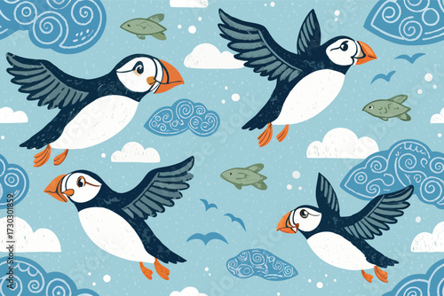 Four puffins flying in a blue sky with clouds and fish.