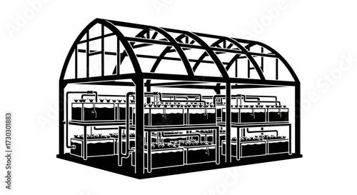 Advanced aquaponic greenhouse system cultivating fresh produce sustainably with integrated fish tanks and plant beds for efficient vertical farming