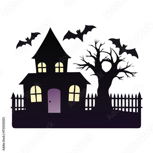 Spooky haunted house silhouette with bats and graveyard for halloween vector.