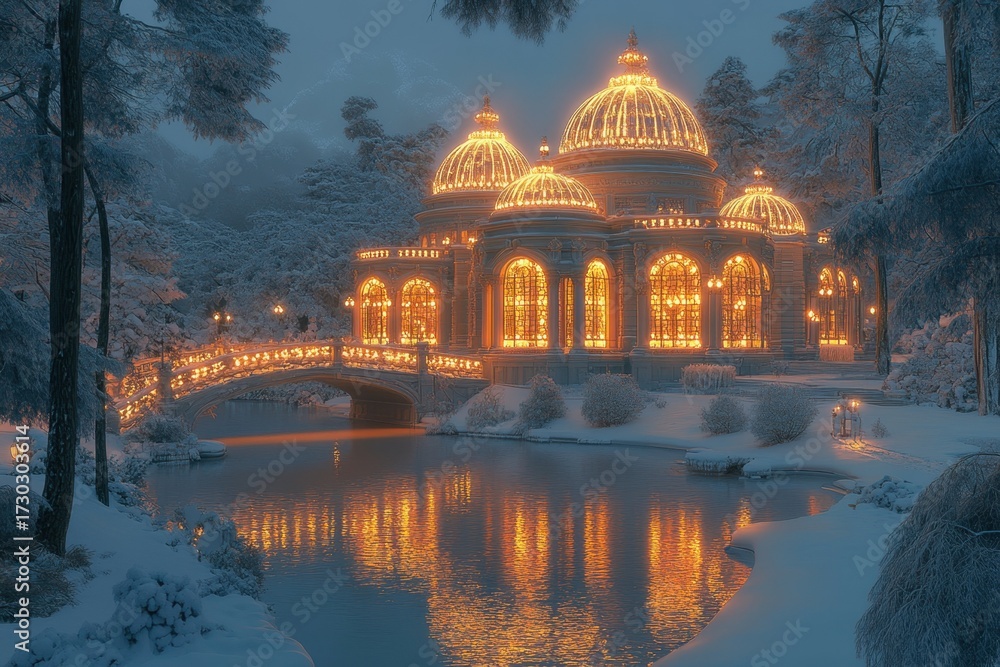 Obraz premium Bridge crosses icy pond in serene winter scene.