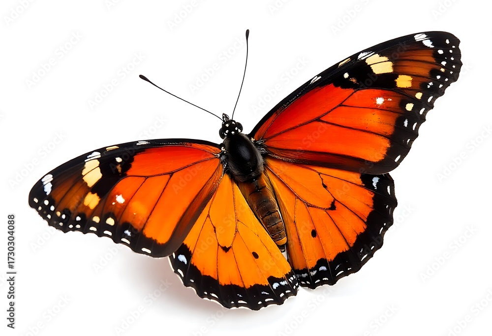 Fototapeta premium Stunning monarch butterfly showcases vibrant orange wings with intricate black and white patterns, isolated on a clean white background