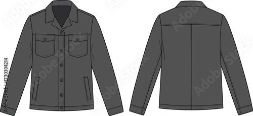 Flat vector fashion CAD of dark long sleeve denim jacket with chest flap pockets, side welt pockets, and back yoke seam