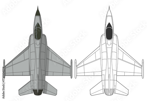 Set dassault mirage f1 jet military aircraft design in line art and colored style from top view. Vector illustrations colorful fighter jet from europe. Outline drawing france powerful combat aircraft.