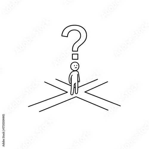A simple line art figure stands at a crossroads, facing a critical decision with a question mark above, symbolizing uncertainty and need for path.
