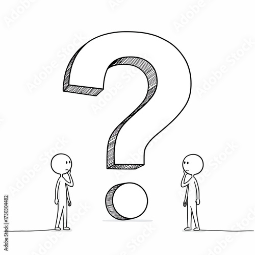 Two small cartoon figures stand thoughtfully, contemplating a massive, hand-drawn question mark, symbolizing deep inquiry and the search for answers.