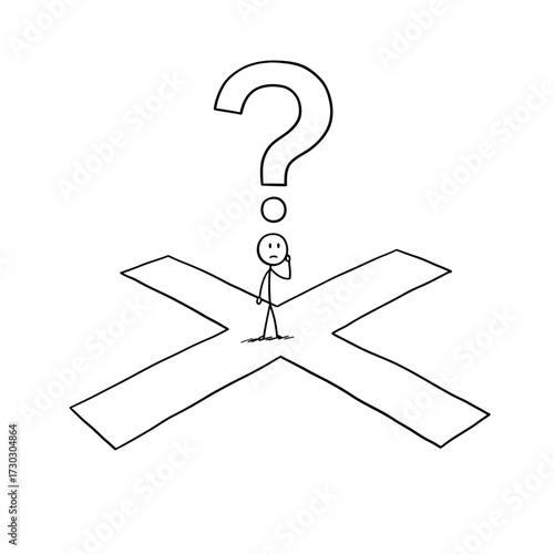 A thoughtful stick figure stands at a symbolic crossroads, pondering multiple life paths and uncertain future decisions under a looming question mark.