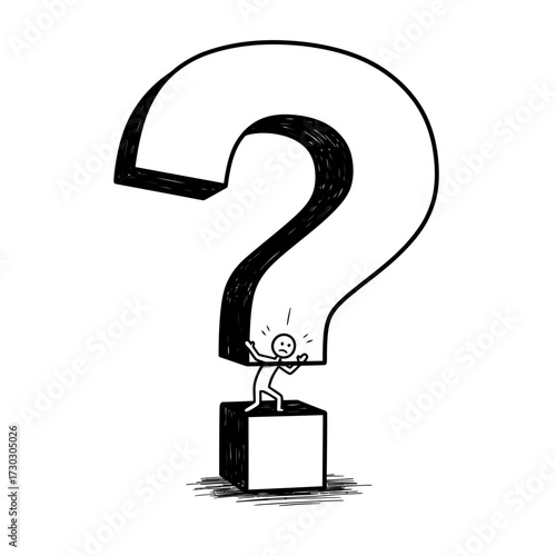 A tiny stick figure struggles to bear the immense weight of a colossal question mark, symbolizing the heavy burden of uncertainty and unresolved problems.