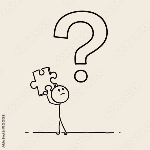 A perplexed stick figure holds a puzzle piece, contemplating a complex problem beneath a prominent question mark, symbolizing the challenging quest for solutions.