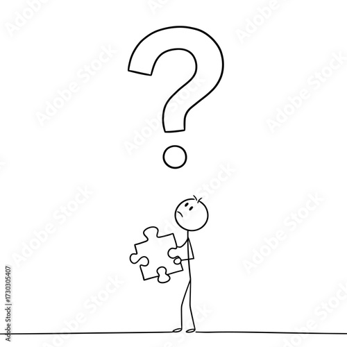 A simple stick figure character holds a single puzzle piece, looking confused under a large question mark, representing a challenging problem or unanswered question.