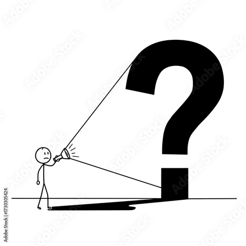 A minimalist illustration portrays a curious stick figure illuminating a colossal question mark, embodying the process of inquiry and problem-solving.